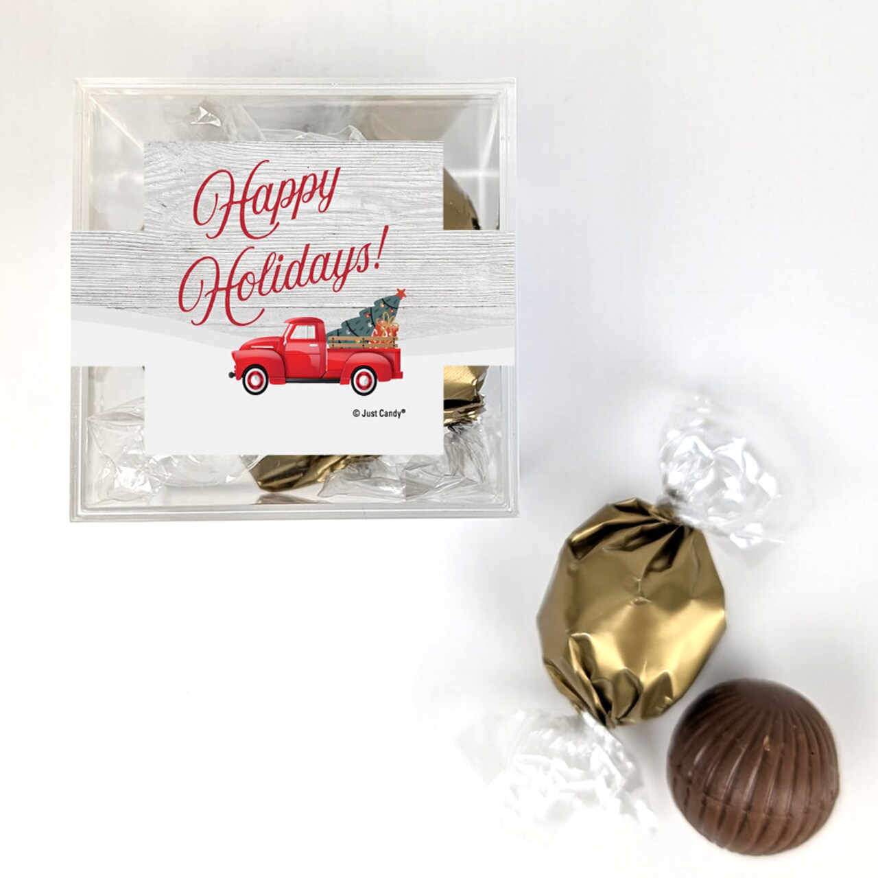 12 Pack Happy Holidays Candy Favor Cube Filled With Milk Chocolate Dubai Truffles For Gifting, Christmas Party Favors, Giveaways, Candy Buffets & More - Red Truck